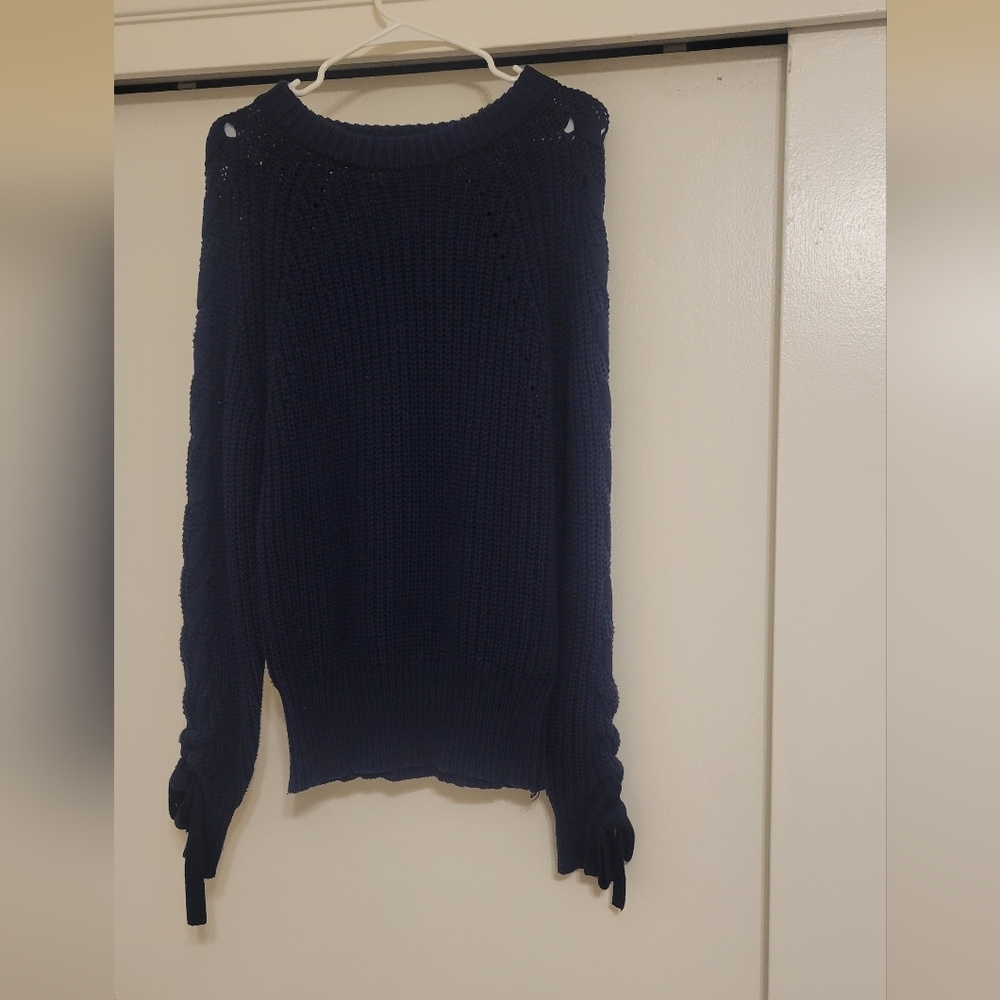 Time and Tru Blue Cove Cold Shoulder Lace-Up Knit Sweater M
